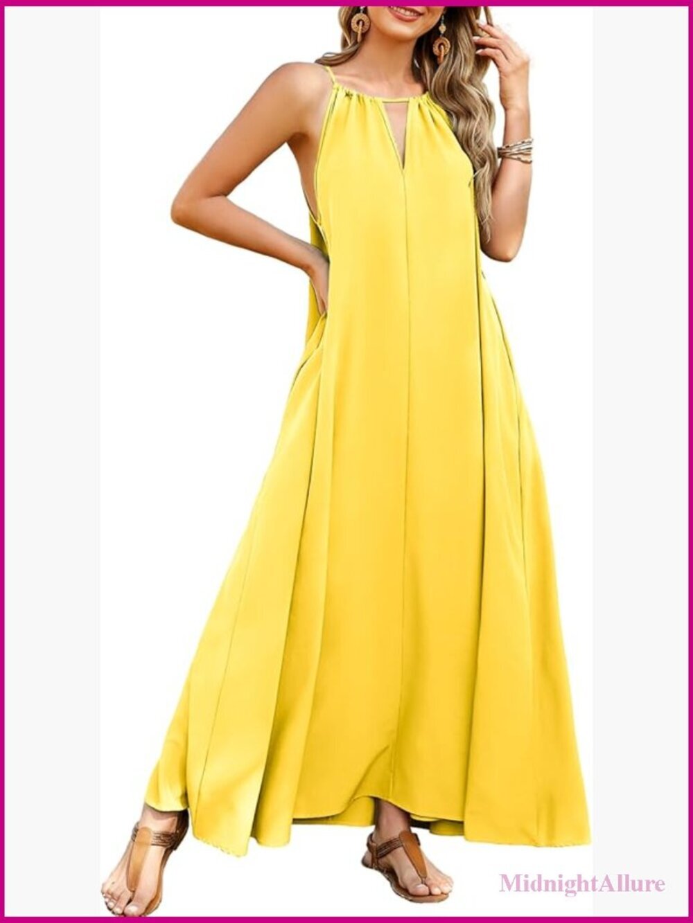 Flowy Maxi Dress with Pockets Halter Sleeveless Swing Sundress
